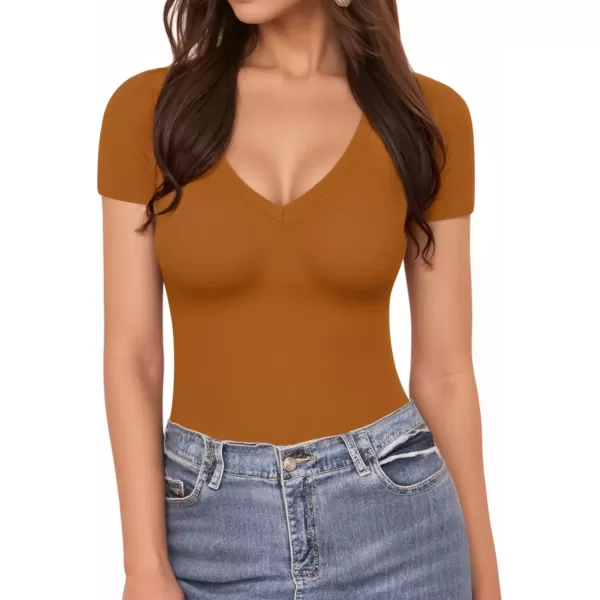 MANGOPOP Deep V Neck Short Sleeve Tops Bodysuit for Women ClothingCamel