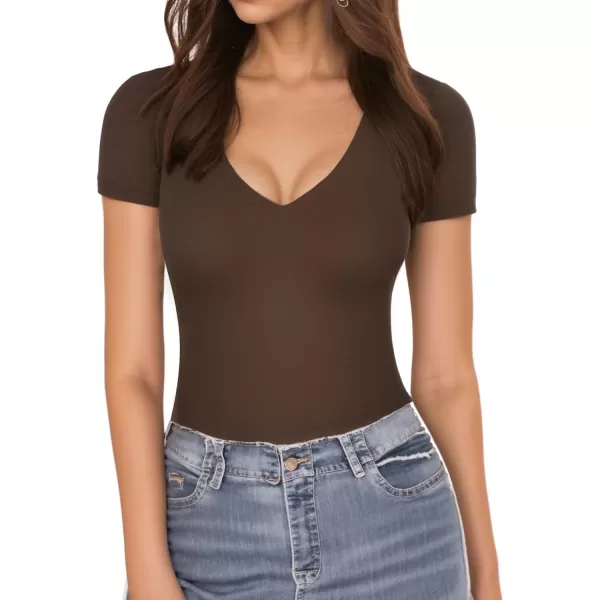 MANGOPOP Deep V Neck Short Sleeve Tops Bodysuit for Women ClothingCoffee