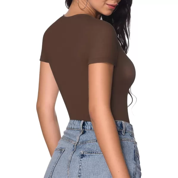 MANGOPOP Deep V Neck Short Sleeve Tops Bodysuit for Women ClothingCoffee