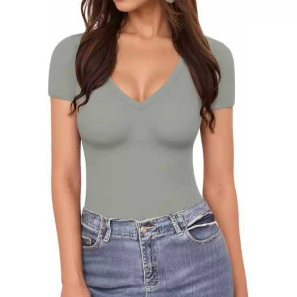 MANGOPOP Deep V Neck Short Sleeve Tops Bodysuit for Women ClothingElephant Grey