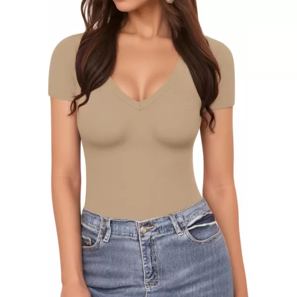 MANGOPOP Deep V Neck Short Sleeve Tops Bodysuit for Women ClothingLight Camel