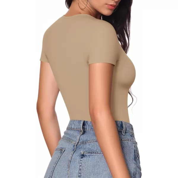 MANGOPOP Deep V Neck Short Sleeve Tops Bodysuit for Women ClothingLight Camel