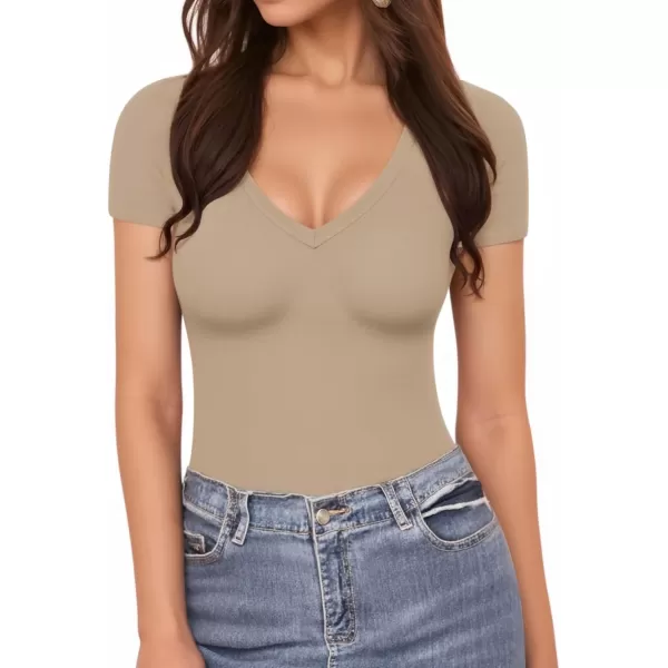 MANGOPOP Deep V Neck Short Sleeve Tops Bodysuit for Women ClothingLight Coffee