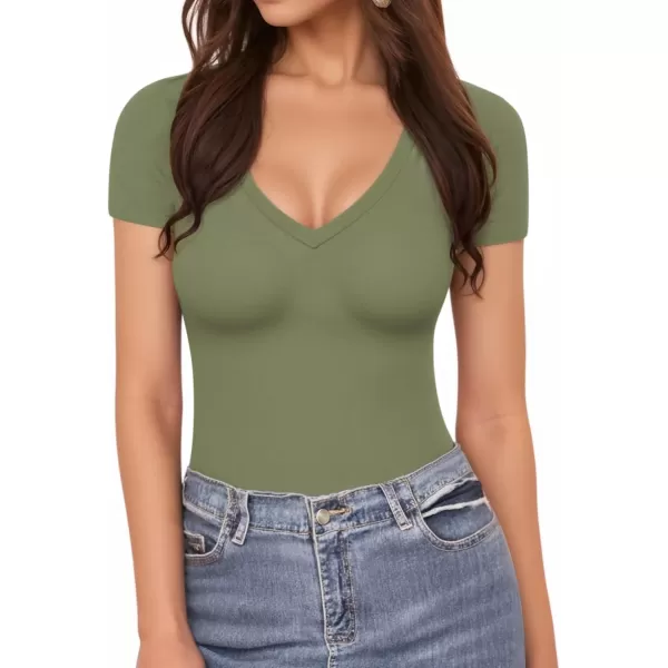 MANGOPOP Deep V Neck Short Sleeve Tops Bodysuit for Women ClothingOlive Green