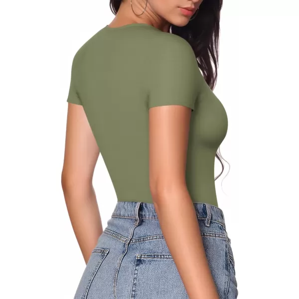 MANGOPOP Deep V Neck Short Sleeve Tops Bodysuit for Women ClothingOlive Green