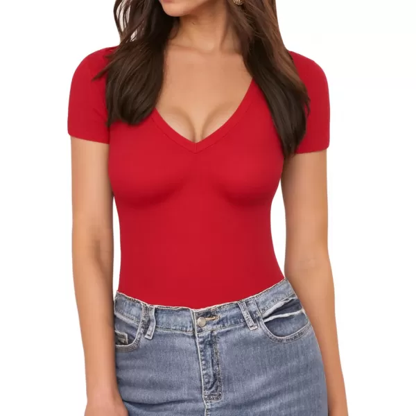 MANGOPOP Deep V Neck Short Sleeve Tops Bodysuit for Women ClothingRed