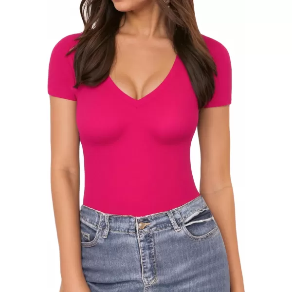 MANGOPOP Deep V Neck Short Sleeve Tops Bodysuit for Women ClothingRose Pink