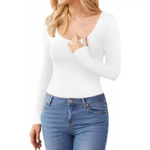 MANGOPOP Double Lined Bodysuit Women Long Sleeve Scoop Neck Bodysuit Basic Shirts TopsAwhite