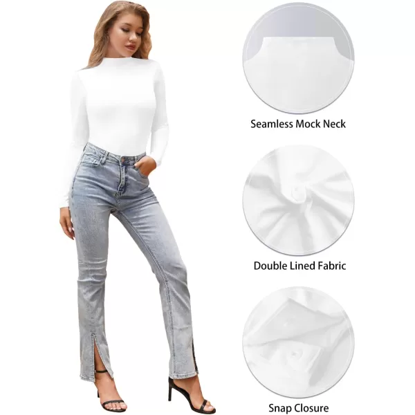 MANGOPOP Long Sleeve Double Lined Bodysuit for Women Mock Turtle Neck Body Suit TopsB Double Line Long Sleeve White