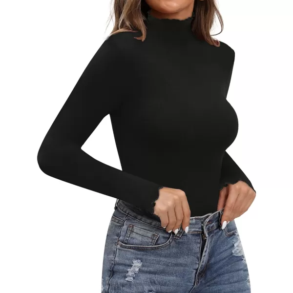 MANGOPOP Long Sleeve Double Lined Bodysuit for Women Mock Turtle Neck Body Suit TopsB1 Long Sleeve Black