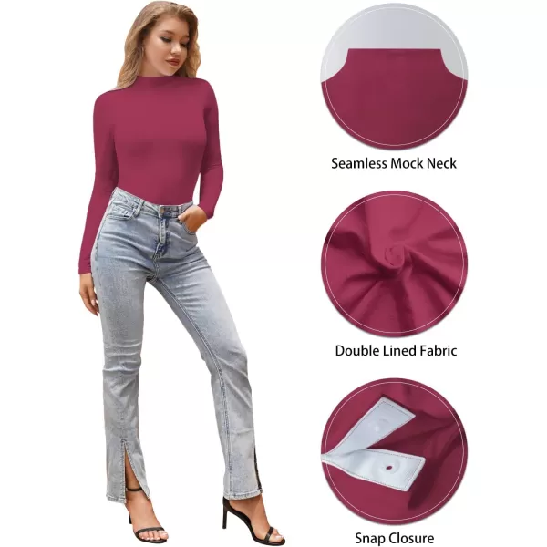 MANGOPOP Long Sleeve Double Lined Bodysuit for Women Mock Turtle Neck Body Suit TopsDouble Line Long Sleeve Burgundy