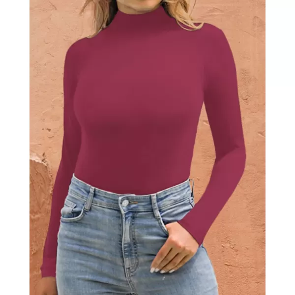 MANGOPOP Long Sleeve Double Lined Bodysuit for Women Mock Turtle Neck Body Suit TopsDouble Line Long Sleeve Burgundy