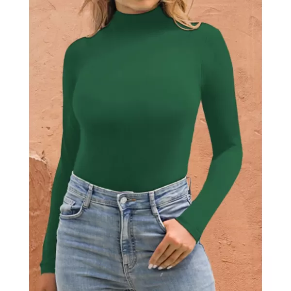 MANGOPOP Long Sleeve Double Lined Bodysuit for Women Mock Turtle Neck Body Suit TopsDouble Line Long Sleeve Deep Green