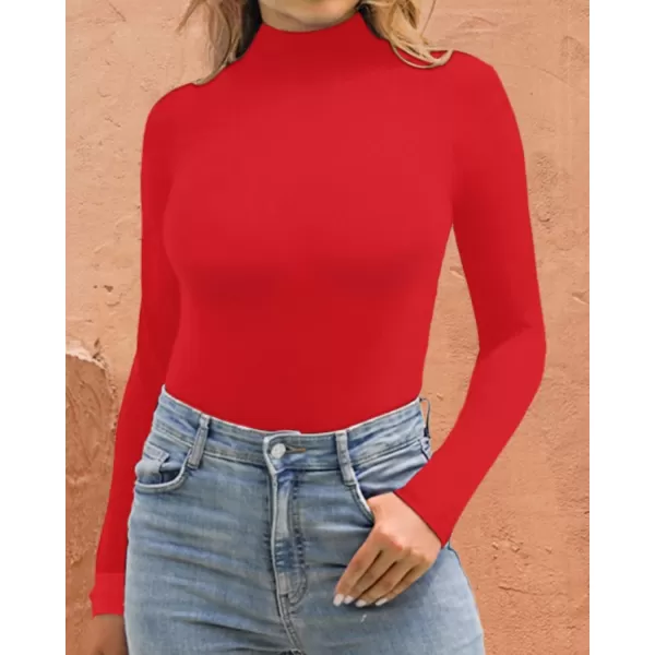 MANGOPOP Long Sleeve Double Lined Bodysuit for Women Mock Turtle Neck Body Suit TopsDouble Line Long Sleeve Red