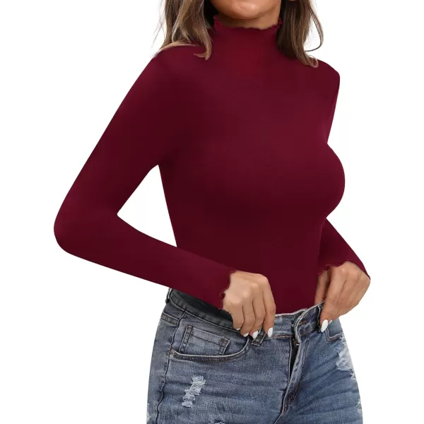 MANGOPOP Long Sleeve Double Lined Bodysuit for Women Mock Turtle Neck Body Suit TopsLong Sleeve Burgundy