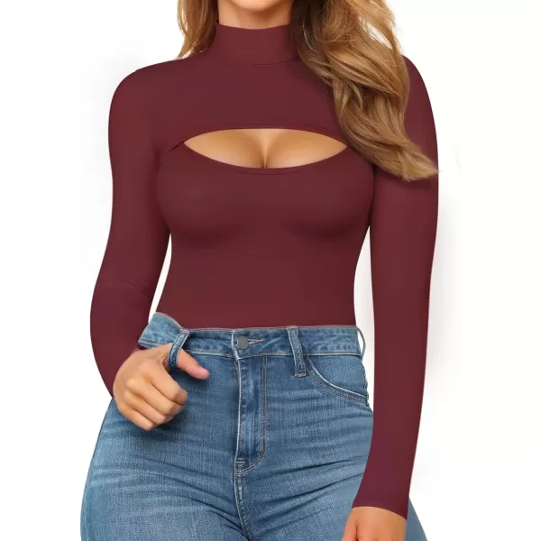 MANGOPOP Mock Neck Cutout Front T Shirt Long Sleeve Bodysuit for WomenBurgundy