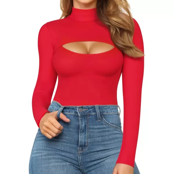 MANGOPOP Mock Neck Cutout Front T Shirt Long Sleeve Bodysuit for WomenRed