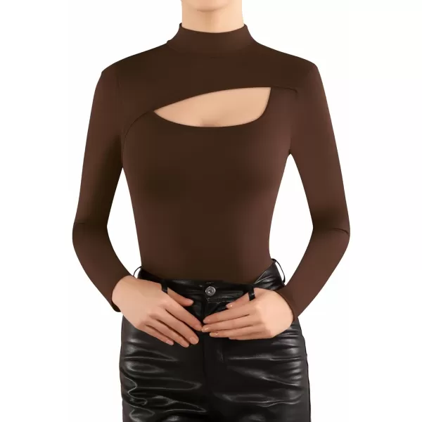 MANGOPOP Mock Turtleneck Long Sleeve Bodysuits for Women Cutout Front Body SuitCoffee