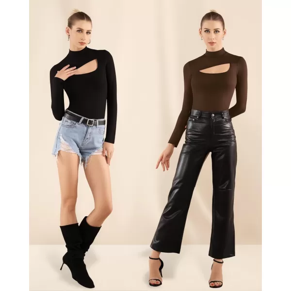 MANGOPOP Mock Turtleneck Long Sleeve Bodysuits for Women Cutout Front Body SuitCoffee