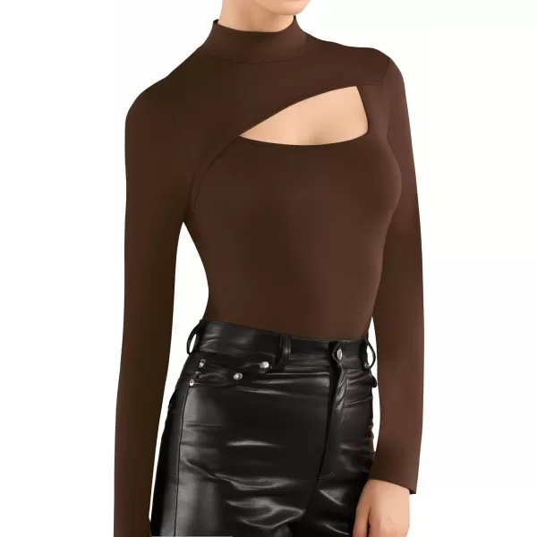 MANGOPOP Mock Turtleneck Long Sleeve Bodysuits for Women Cutout Front Body SuitCoffee