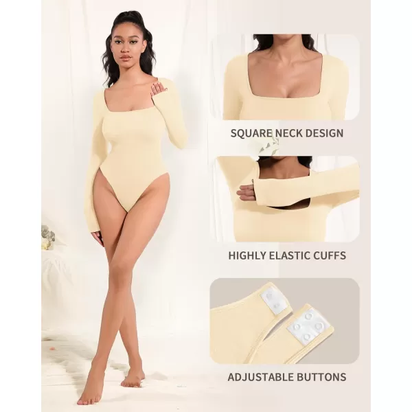 MANGOPOP Shapewear for Women Square Neck Long Sleeve Tummy Control Thong Bodysuit topA Beige