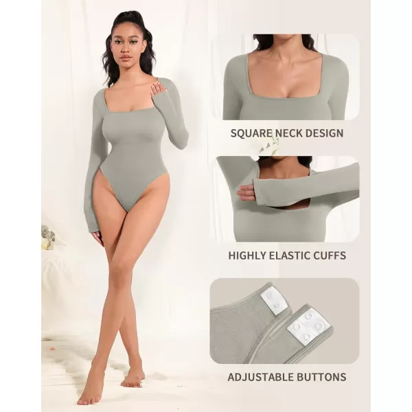 MANGOPOP Shapewear for Women Square Neck Long Sleeve Tummy Control Thong Bodysuit topA Elephant Grey