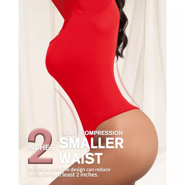 MANGOPOP Shapewear for Women Square Neck Long Sleeve Tummy Control Thong Bodysuit topA Red