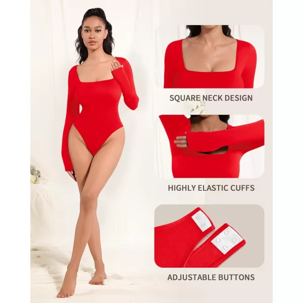 MANGOPOP Shapewear for Women Square Neck Long Sleeve Tummy Control Thong Bodysuit topA Red