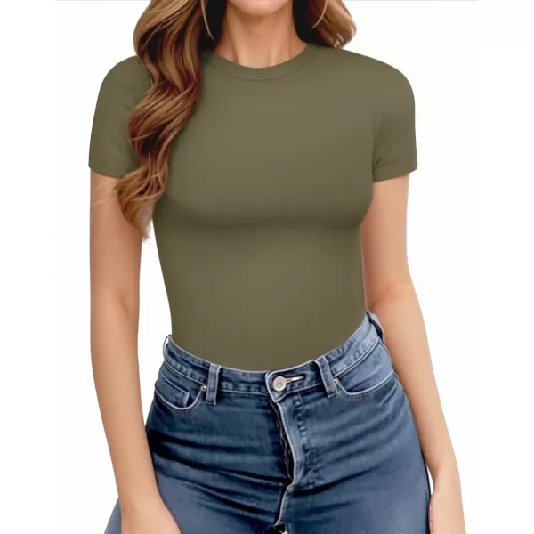 MANGOPOP Womens Crew Neck Short Sleeve Bodysuit Basic T Shirts TopsArmy Green