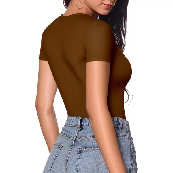 MANGOPOP Womens Crew Neck Short Sleeve Bodysuit Basic T Shirts TopsBrown