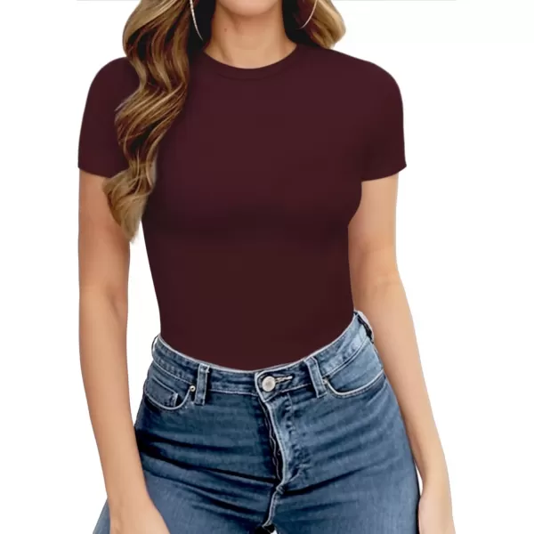 MANGOPOP Womens Crew Neck Short Sleeve Bodysuit Basic T Shirts TopsBurgundy