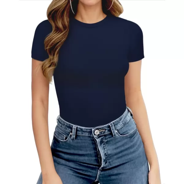 MANGOPOP Womens Crew Neck Short Sleeve Bodysuit Basic T Shirts TopsDeep Blue