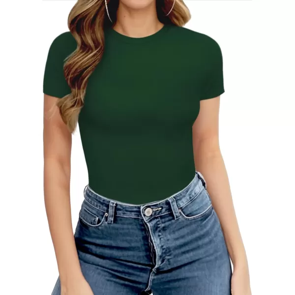 MANGOPOP Womens Crew Neck Short Sleeve Bodysuit Basic T Shirts TopsDeep Green