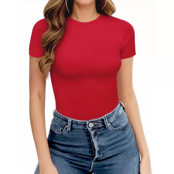 MANGOPOP Womens Crew Neck Short Sleeve Bodysuit Basic T Shirts TopsRed