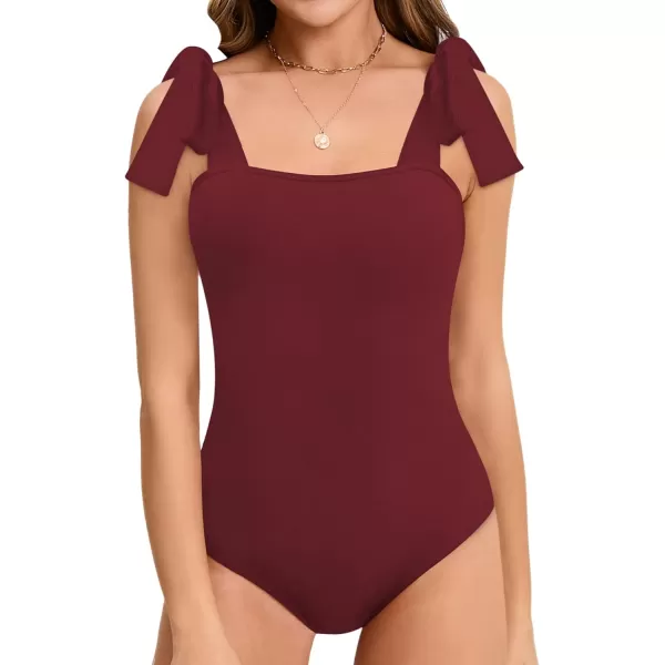 MANGOPOP Womens Square Neck Sleeveless Tank Tops Tie Shoulder Bodysuits Jumpsuits ClubwearShort Sleeve Burgundy