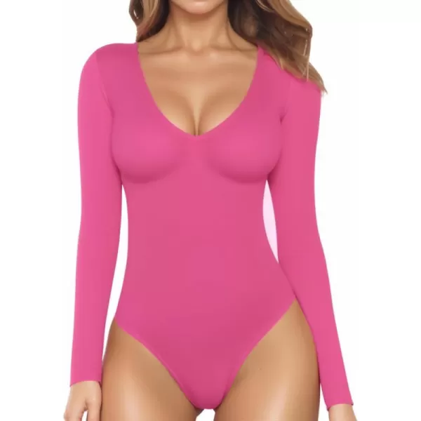 MANGOPOP Deep V Neck Long Sleeve Tops Bodysuit for Women ClothingLong Sleeve Blush