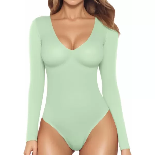 MANGOPOP Deep V Neck Long Sleeve Tops Bodysuit for Women ClothingLong Sleeve Fern Green