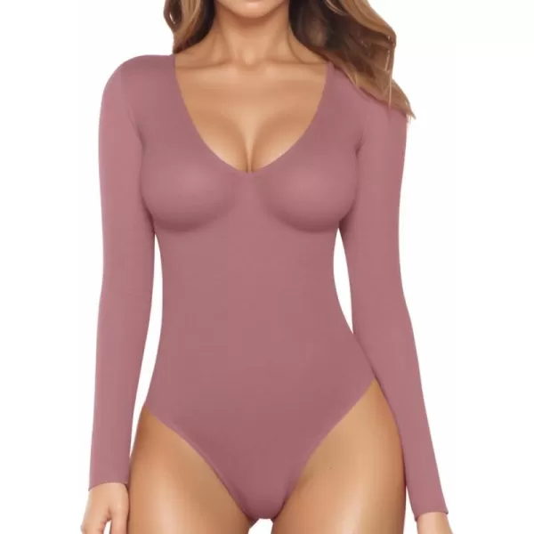 MANGOPOP Deep V Neck Long Sleeve Tops Bodysuit for Women ClothingLong Sleeve Marsala