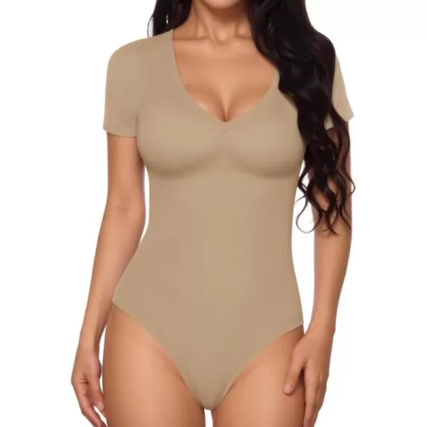 MANGOPOP Deep V Neck Short Sleeve Tops Bodysuit for Women ClothingLight Camel