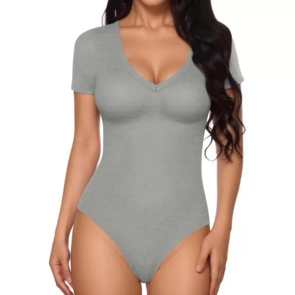 MANGOPOP Deep V Neck Short Sleeve Tops Bodysuit for Women ClothingLight Heather Grey