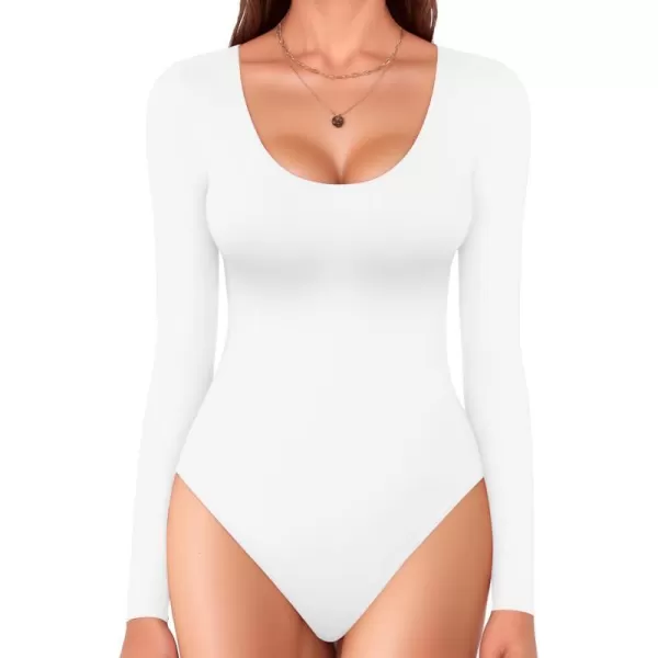 MANGOPOP Double Lined Bodysuit Women Long Sleeve Scoop Neck Bodysuit Basic Shirts TopsAwhite