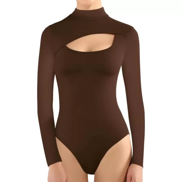 MANGOPOP Mock Turtleneck Long Sleeve Bodysuits for Women Cutout Front Body SuitCoffee