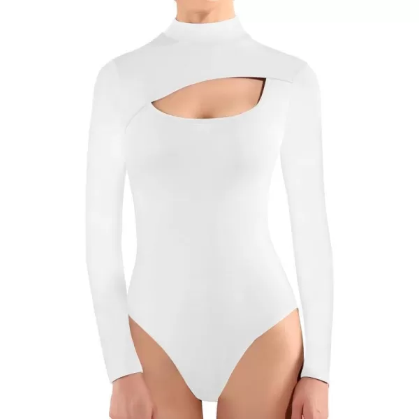 MANGOPOP Mock Turtleneck Long Sleeve Bodysuits for Women Cutout Front Body SuitWhite