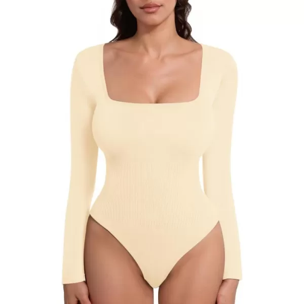 MANGOPOP Shapewear for Women Square Neck Long Sleeve Tummy Control Thong Bodysuit topA Beige