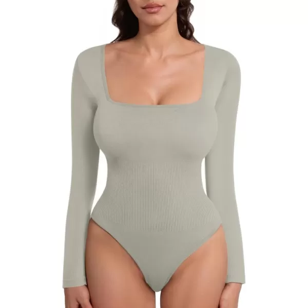 MANGOPOP Shapewear for Women Square Neck Long Sleeve Tummy Control Thong Bodysuit topA Elephant Grey