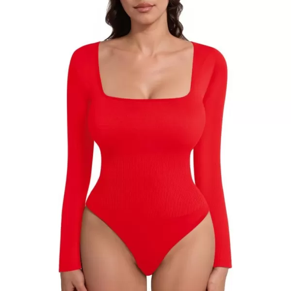 MANGOPOP Shapewear for Women Square Neck Long Sleeve Tummy Control Thong Bodysuit topA Red