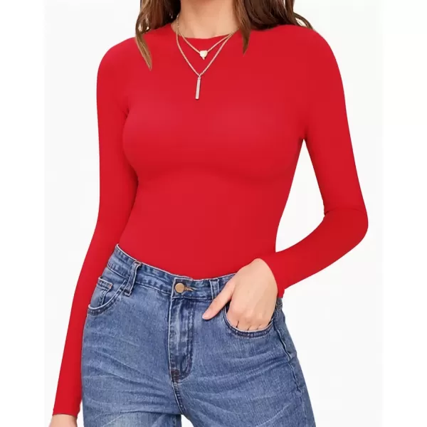 MANGOPOP Womens Crew Neck Long Sleeve Bodysuit T Shirts Basic TopsRed