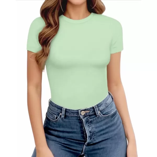 MANGOPOP Womens Crew Neck Short Sleeve Bodysuit Basic T Shirts TopsFern Green