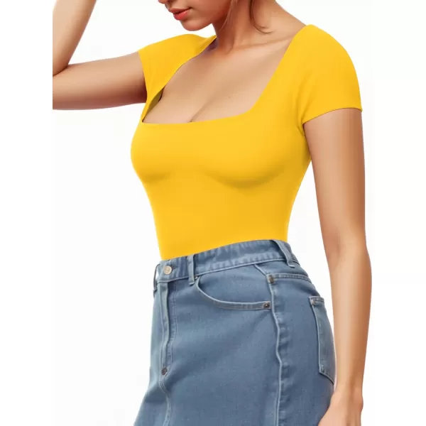 MANGOPOP Womens Square Neck Bodysuit Short Sleeve Shirt TopsShort Sleeve Yellow