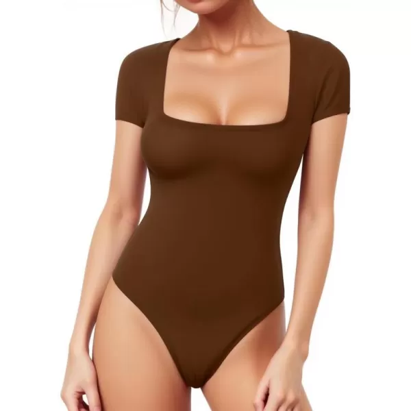 MANGOPOP Womens Square Neck Bodysuit Short Sleeve Shirt TopsShort Sleeve Brown